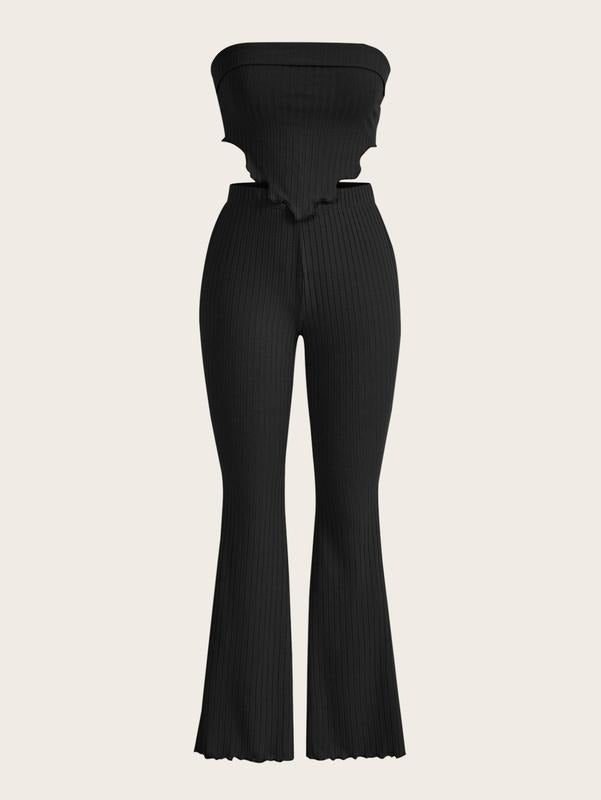 2 Piece Ribbed Knit Tube Top Set Asymmetrical Bandeau and Wide Leg Flare Pant Set OutfitsY2K T-Shirts, Hoodie, Sweatshirt