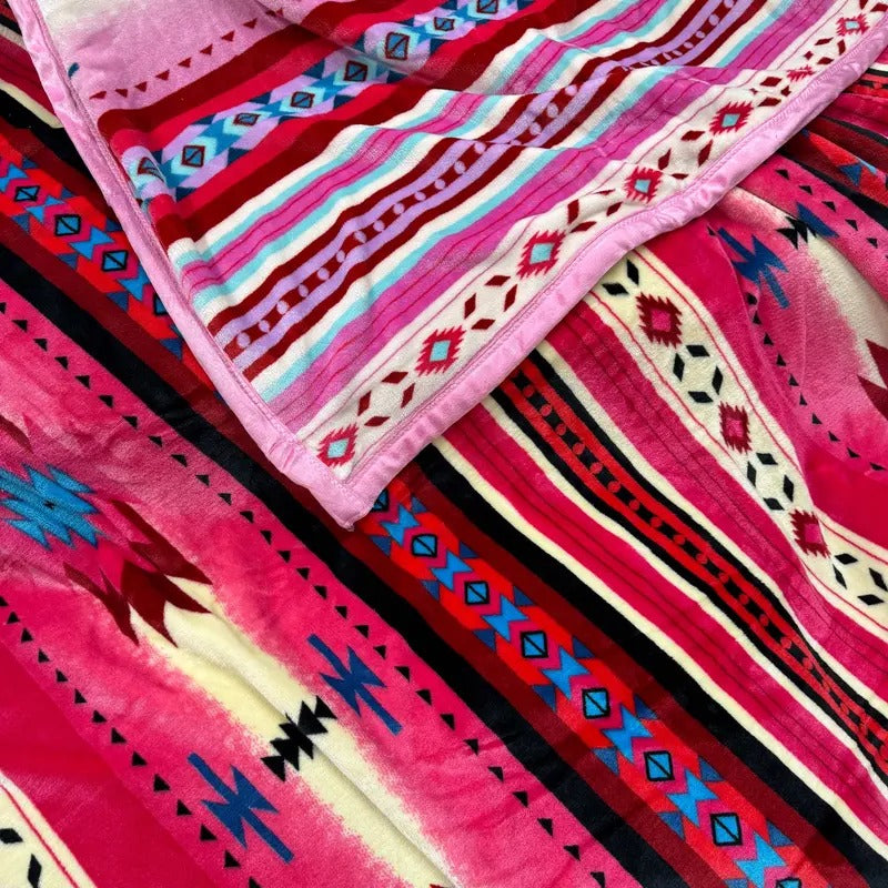 2-Ply Reversible Pink and Red Southwestern Print Oversized Blanket