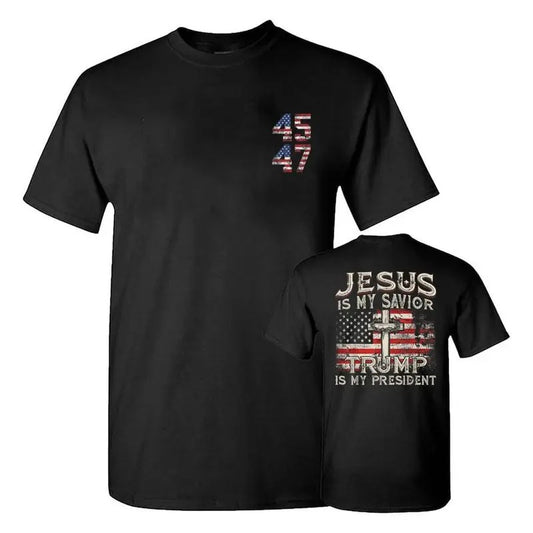2 Side Jesus Is My Savior Trump Is My President American Flag T-Shirt, Trump 2024 T-Shirt, Trump Supporters 2024 T-Shirt, Gift For Trump Fans, Election 2024, Full Colors, Full Sizes, For Men, For Women
