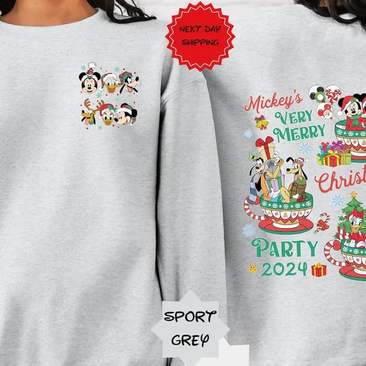 2-Sided Very Merry Christmas Party 2024 Sweatshirt Tshirt, Santa Mickey And Friends Group Christmas Lights Shirt