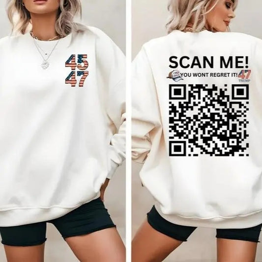 2 Sides Trump QR Code Sweatshirt - Scan for Dancing Trump YMCA Video - Funny Political Gildan 18000 Sweatshirt, Gifts, Classic Fabric Clothing