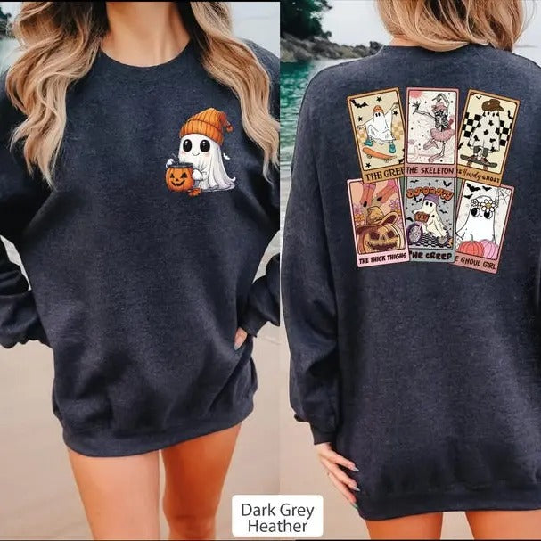 2 Slide Design, Halloween Ghost Tarot Card Sweatshirt, Retro Halloween Sweatshirt, Ghost Halloween Sweatshirt, Retro...