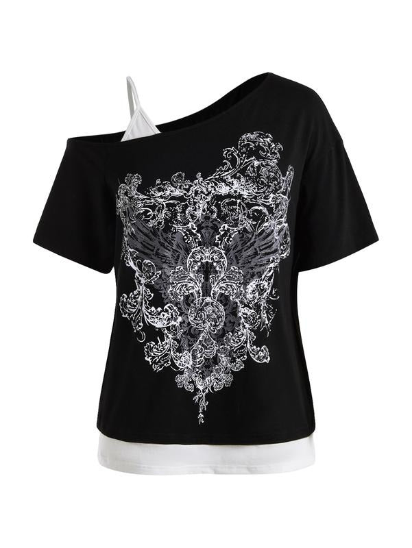 2 in 1 Cold Shoulder Graphic Tees Short Sleeve Goth Y2K T Shirt Fake Two Piece Tops Hoodie, Sweatshirt | DripVista.com