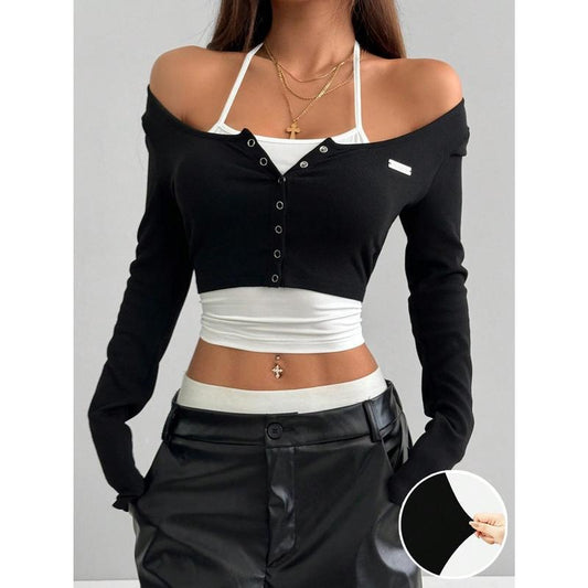 2 in 1 Halter Top Button Down Long Sleeve Crop T Shirts Fake Two Piece Tops
