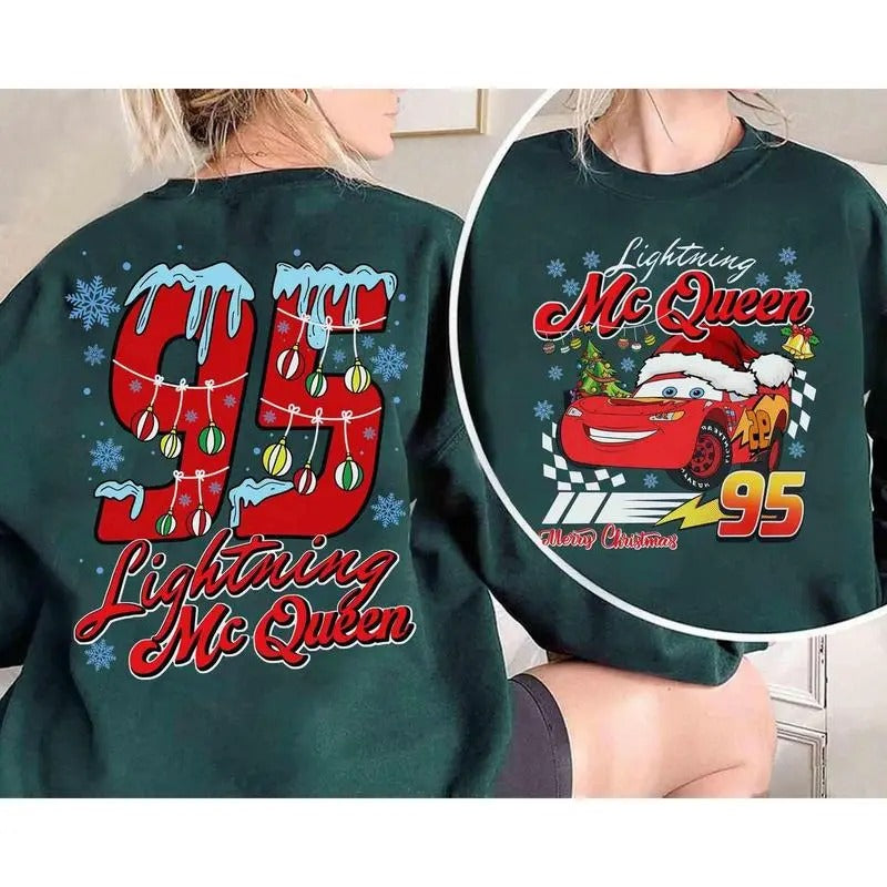 2-sided Lightning McQueen Merry Christmas Sweatshirt, McQueen 95 Piston Cup Sweatshirt, Cartoon Cars Christmas T-Shirt,...