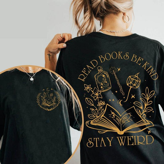 2 slide design,  Read Books Be Kind Stay Weird T-Shirt, Vintage Boho Book Lover T-shirt, Literary Shirt, Book Reader Tee, Bookish Gift