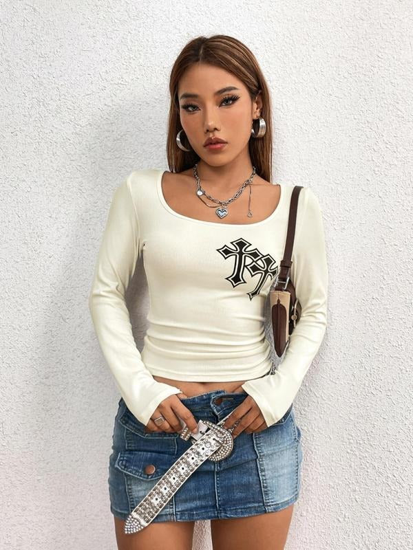 2024 Fall New Women'WB shield Punk Street Cross Vintage Graphic Tee, Y2K Trendy Crewneck Long Sleeve Baby T-shirt for...