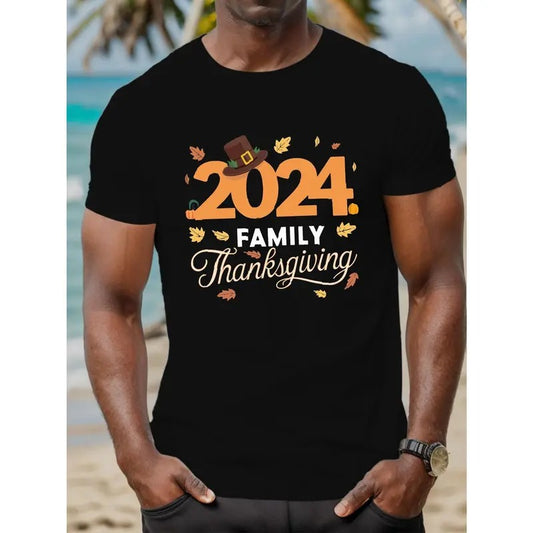 2024 Family Thanksgiving Crew Neck T-Shirt - 100% Cotton  Knit Fabric with Geometric Pattern, Casual Style, Slight Stretch, Short Sleeve Tee for Adults - Summer Season Fit Made in USA