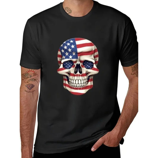 2024 New American Flag Skull short sleeve cotton T-shirt Made in USA