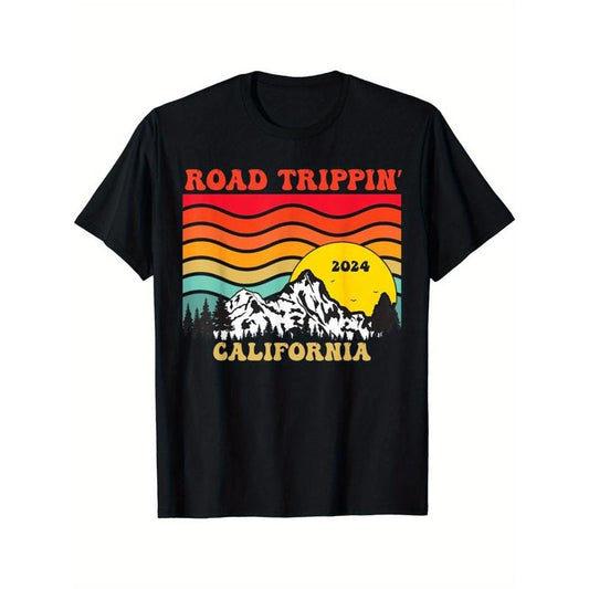 2024 Road Trip printed cotton round neck comfortable short-sleeved T-shirt with stylish pattern printing, suitable for casual daily outdoor home activities Made in USA