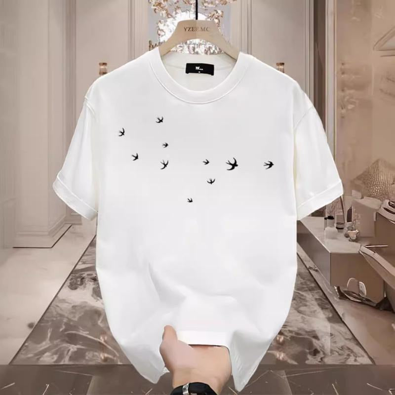 2025 Short Sleeve Pure Cotton T-Shirt Versatile Casual Loose Fit Printed Men's Round Neck Top Short Sleeve Base Shirt