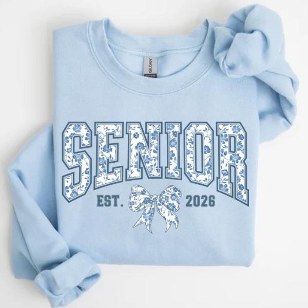 2026 Senior Sweatshirt, Floral Senior Blue Bow 2026 Senior Coquette Shirt Toile Breathing styles Jouy, Back Hidden leaf...