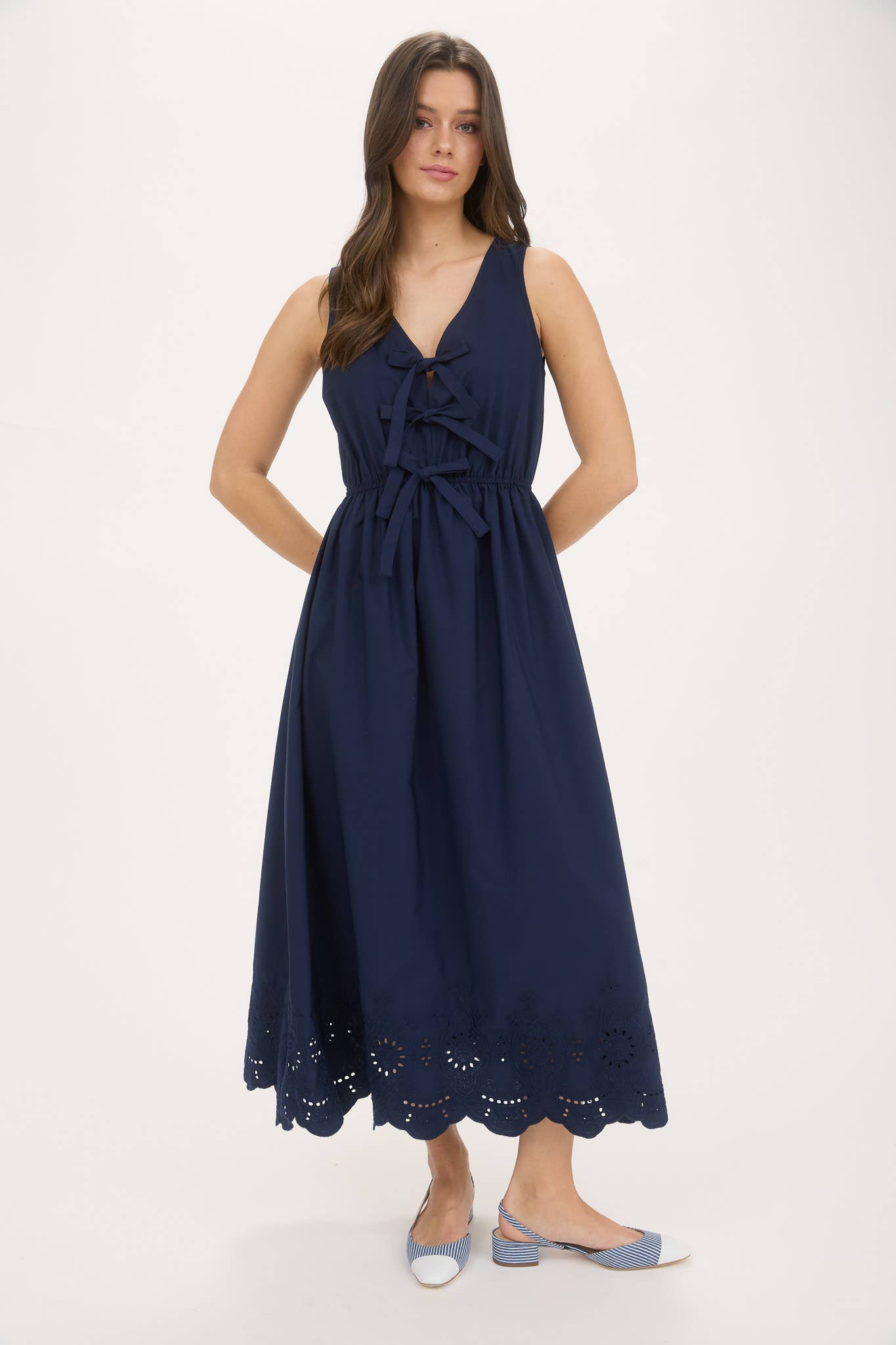 Front Bow Tie Sleeveless Eyelet Hem Midi Dress