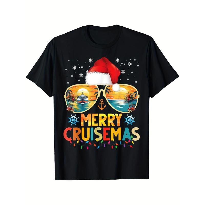 220g Breathable Merry Cruisemas Santa Hat Retro Cruise Ship Christmas Cruise Printed T-shirt, Comfortable Soft Casual...