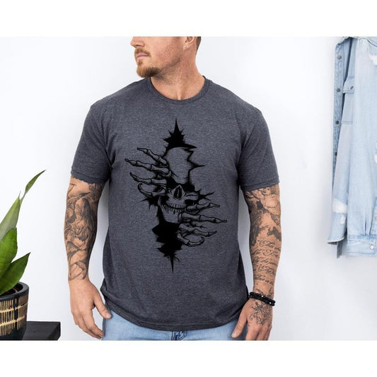 #238 - Peeking Skeleton Rips Through Guys Design -  - Print Unisex Crew neck Tee T-shirt