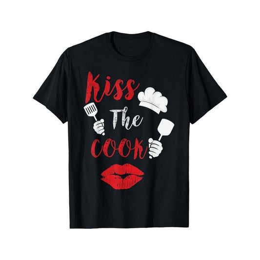 240g Kiss the Cook Chef Cooking Love Big Red Heart Valentines Day T-Shirt, 100% Cotton, Gift for Men Women Dad Mom Friends, S-XXXL, Black made in usa