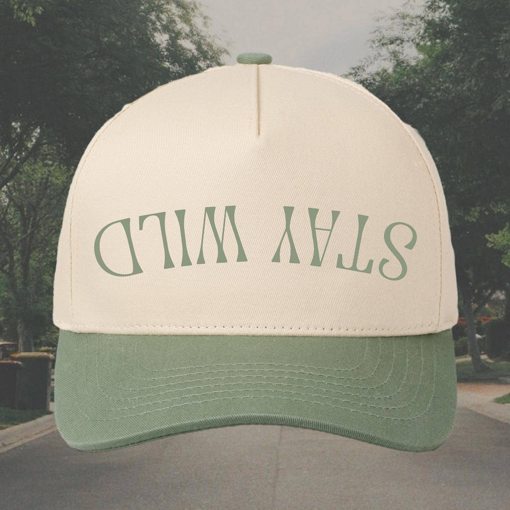 Stay Wild Two-Tone Trucker Hat, Natural & Sage Green