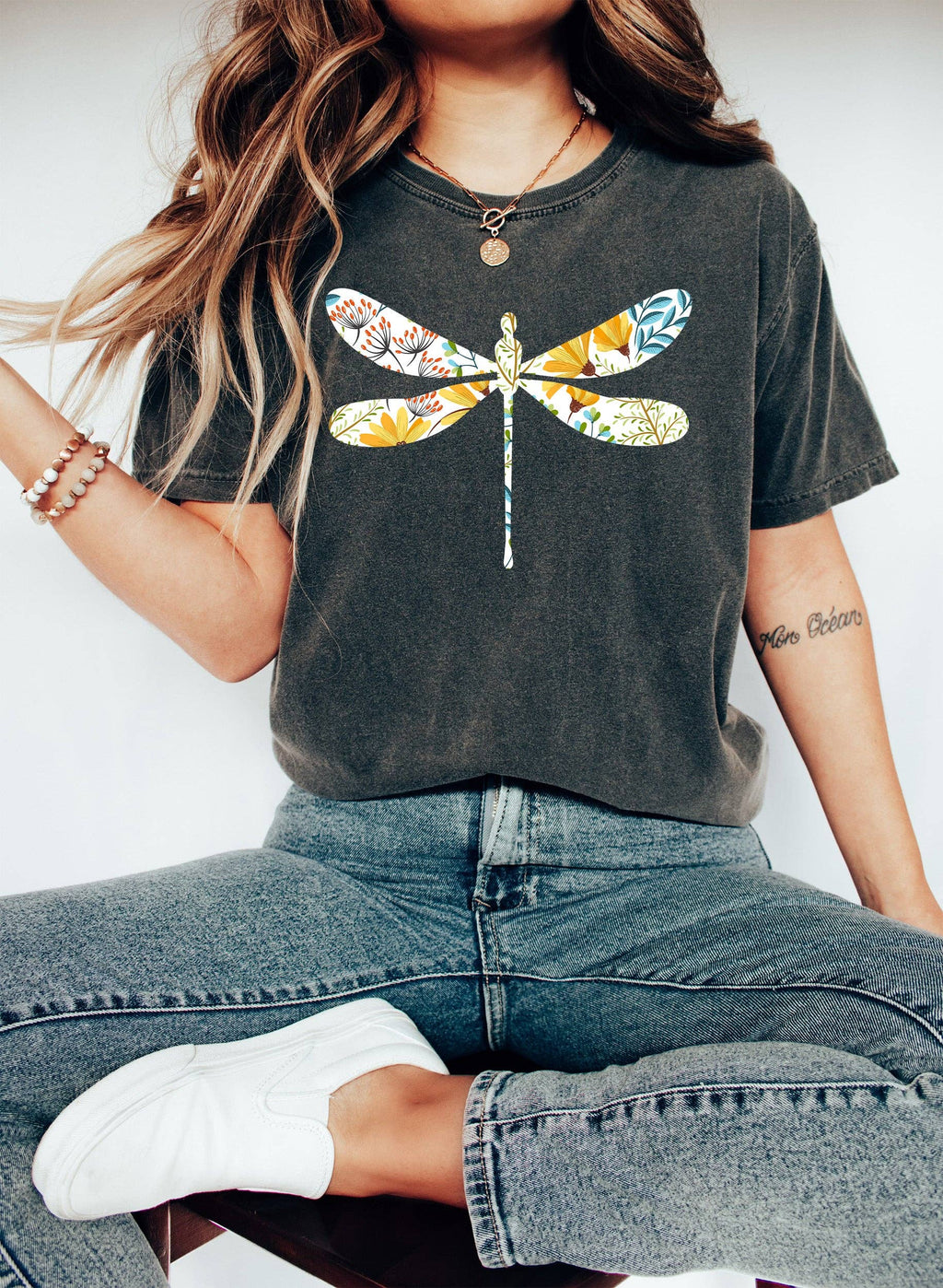 Floral White Dragonfly Botanical T-Shirt
