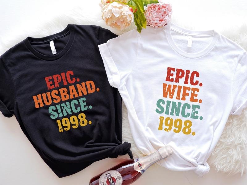 25th Anniversary Husband Shirt, 25th Wedding Anniversary Wife Tee, Wedding Anniversary Gift Tee, Matching Couple T-Shirt, Hubby & Wifey Since 1998 Tees