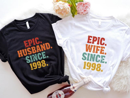 25th Anniversary Husband Shirt, 25th Wedding Anniversary Wife Tee, Wedding Anniversary Gift Tee, Matching Couple T-Shirt, Hubby & Wifey Since 1998 Tees