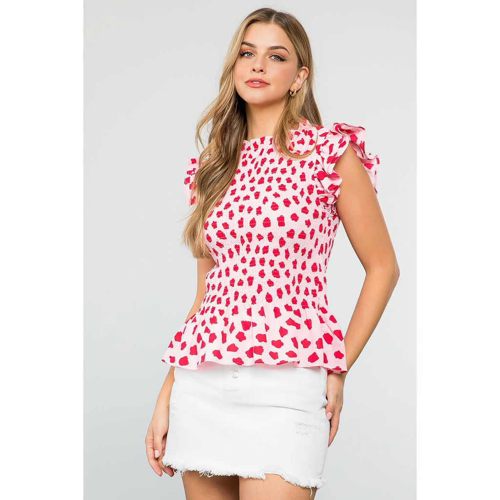 Smocked Spotted Print Top