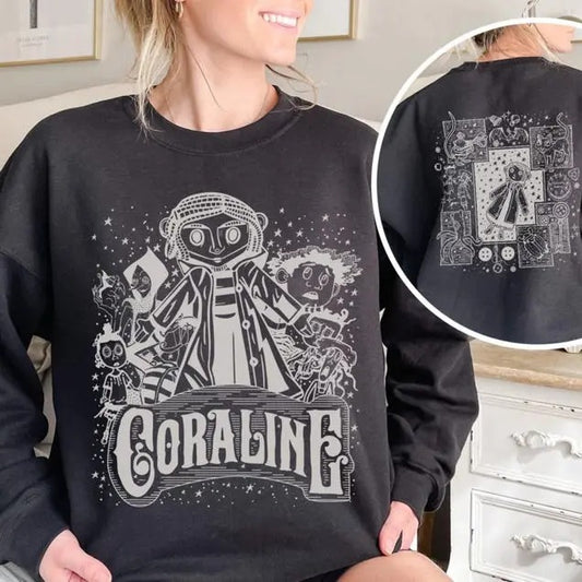 2side_Coraline Doll Sweatshirt, Coraline Fan Horror Film TShirt, Cartoon Movie Hoodie, Spooky Halloween Cartoon Film TShirt Sweatshirt Hooide For Fan Womenswear Graphic