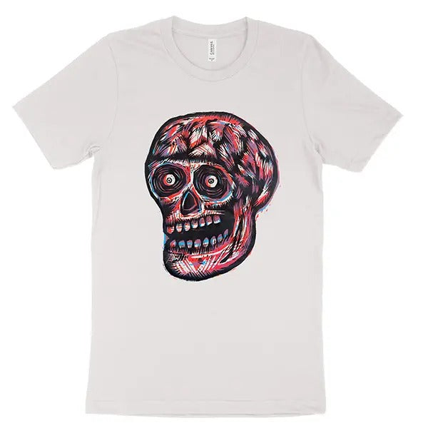 3 Color Skull Woodblock Hand-Printed T-Shirt Cotton Menswear Top Black