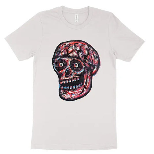 3 Color Skull Woodblock Hand-Printed T-Shirt Cotton Menswear Top Black