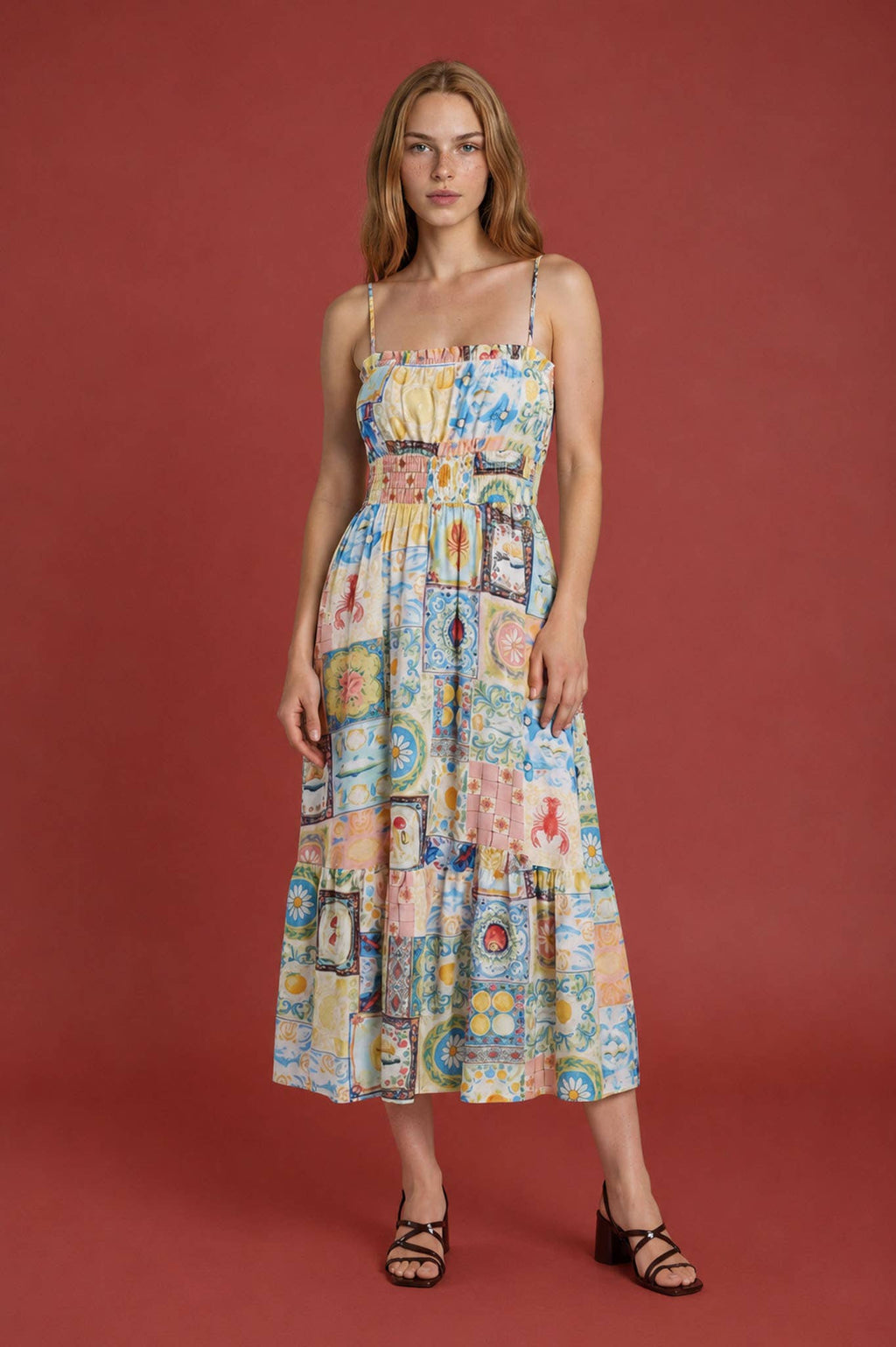 Positano Motif Spaghetti Strap Side Strap Midi Dre
