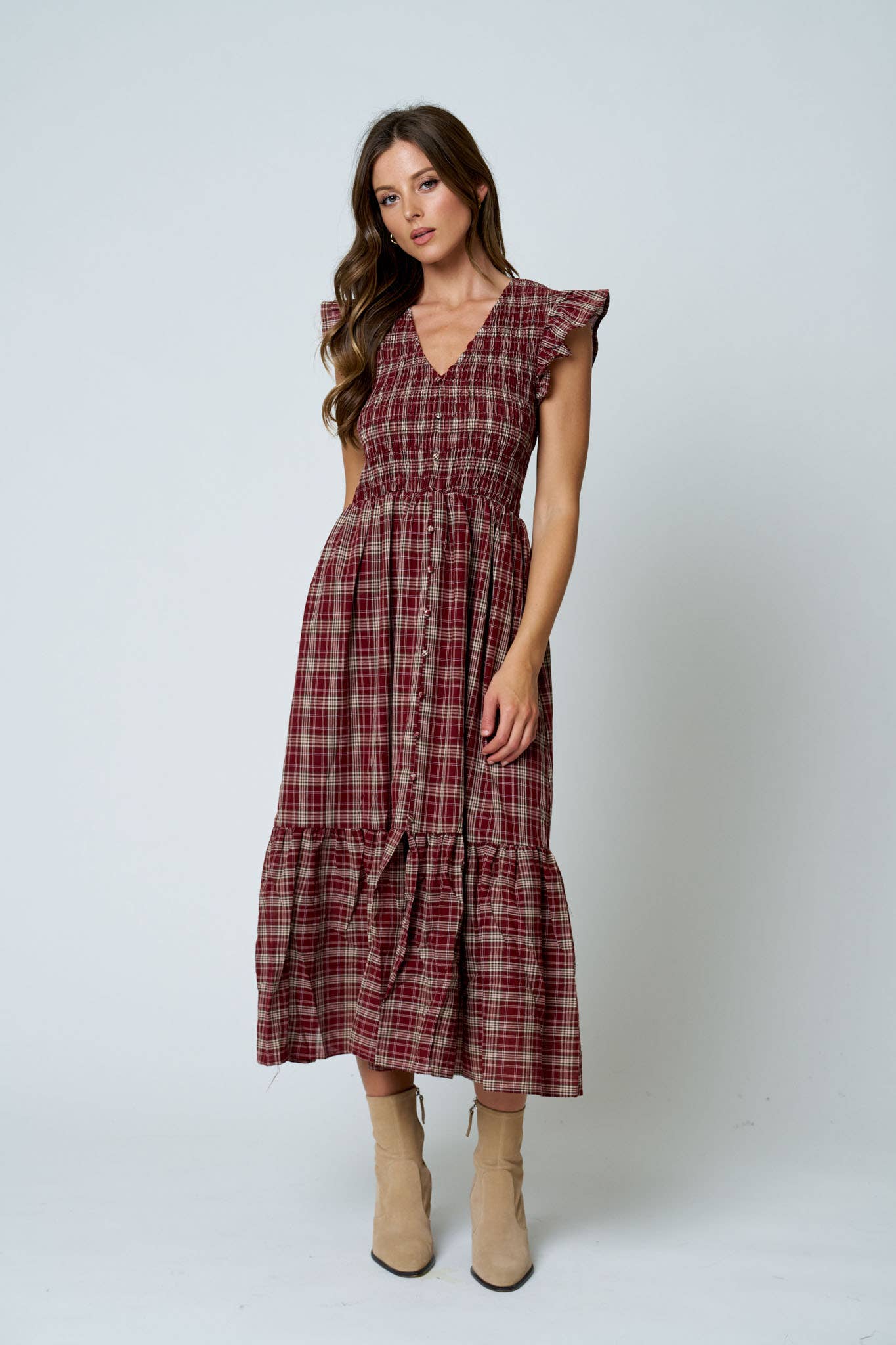 Plaid Smocked V Neck Button Down Ruffled Midi Dres