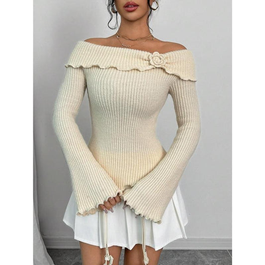 3D Floral Rib Knitted Sweater Bell Sleeve Lettuce Trim Off Shoulder Knit Top