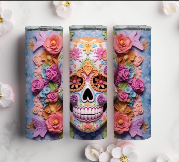 3D Sugar Skull Tumbler - 3D Design with Colorful Floral Accents, Stainless Steel Lid, Perfect for Drinkware and Flasks...