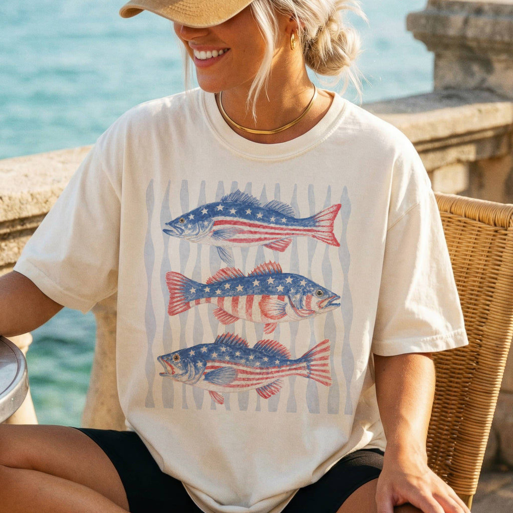 USA Preppy Fish Flag Patriotic Ocean Beach Resort Retro Tee