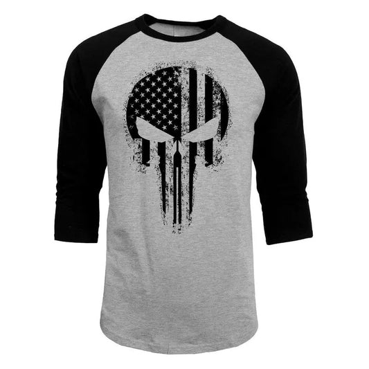 USA Flag Skull Distressed Blacked Out 3/4 Sleeve Raglan T-Shirt