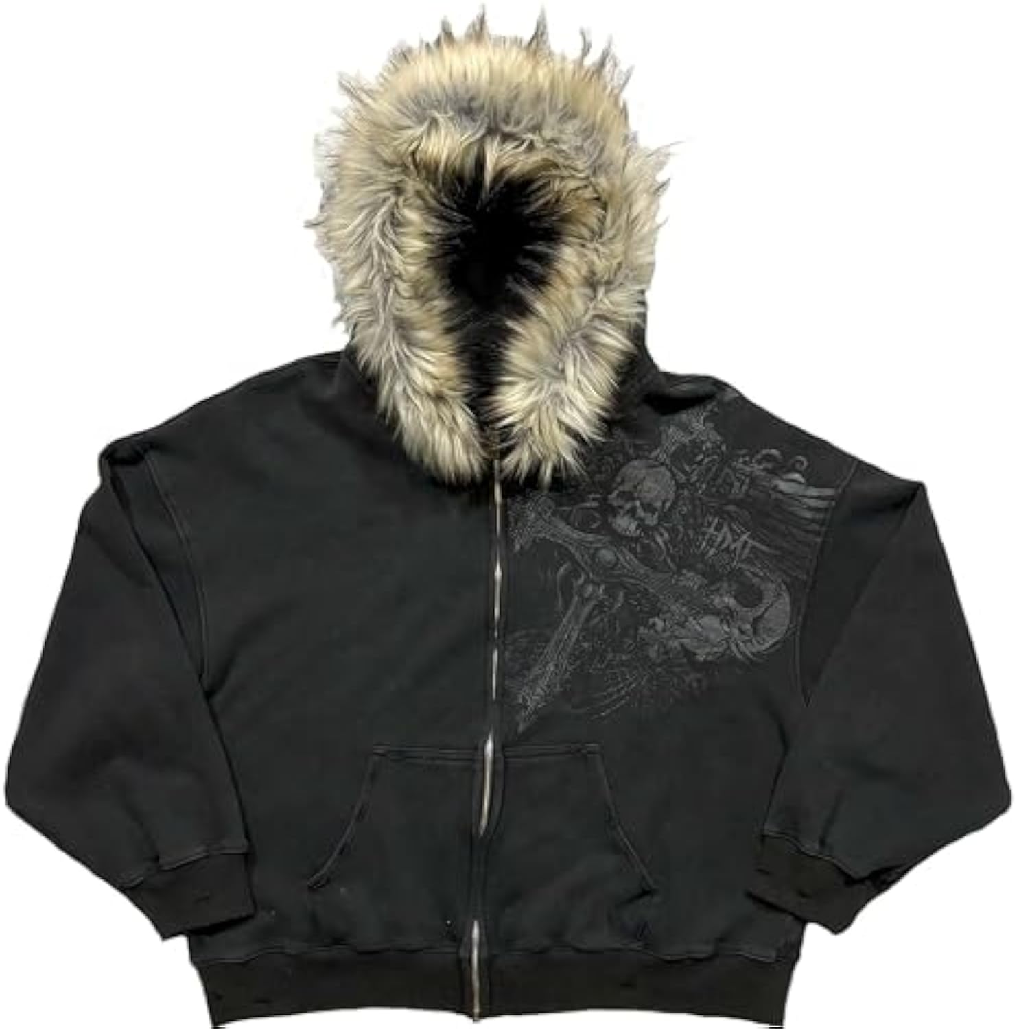 Therian Fur Hood Jacket Y2k Goth Zip Up Hoodie Oversized Graphic Sweatshirt Emo Grunge Streetwear Fall Winter 2025