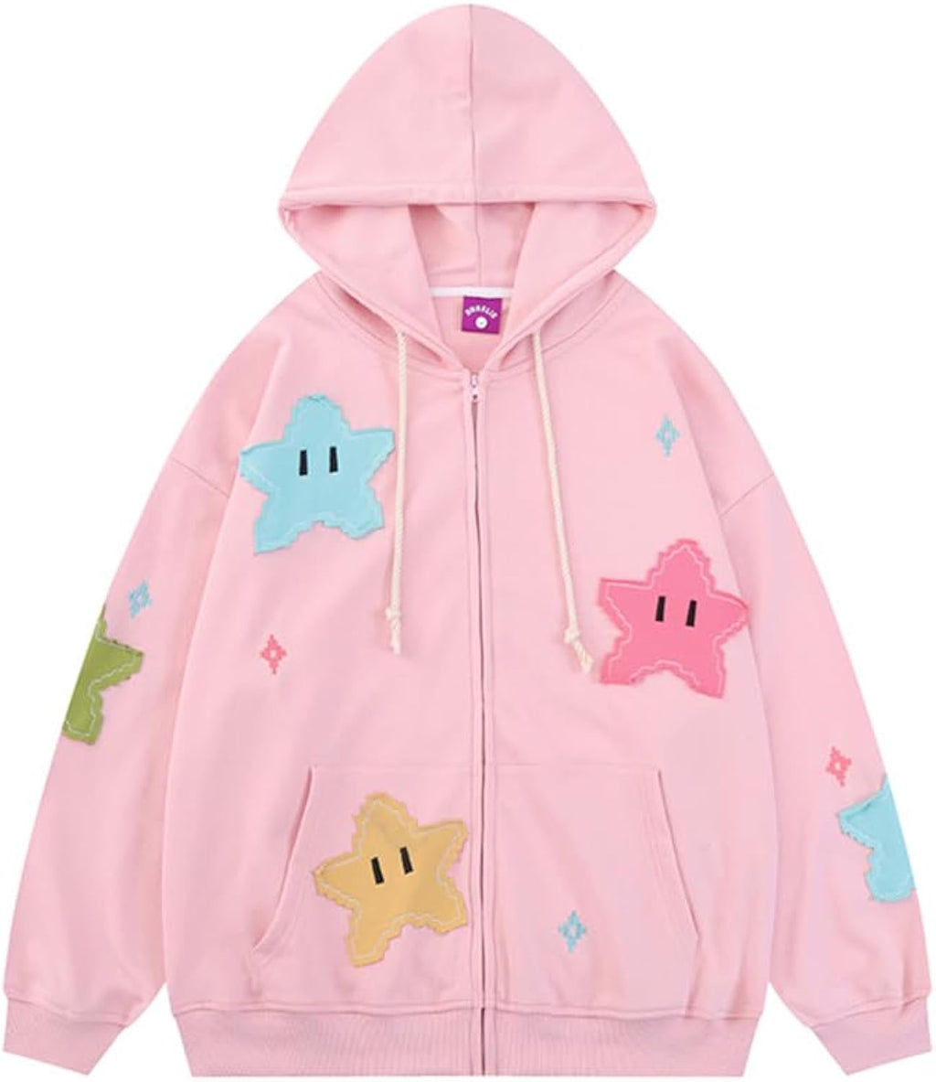 Women's Preppy Star Zip Up Hoodies Y2K Graphic Vintage Jacket Harajuku Baggy Sweatshirts Alt Long Sleeve Clothes