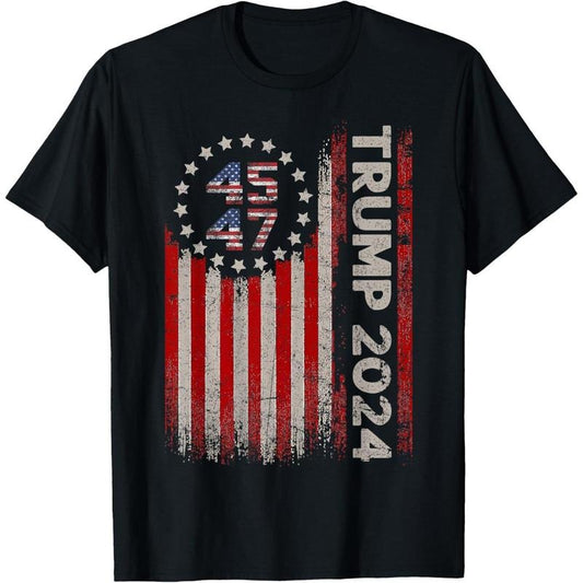 45 47 Trump 2024 American Flag T-Shirt made in usa