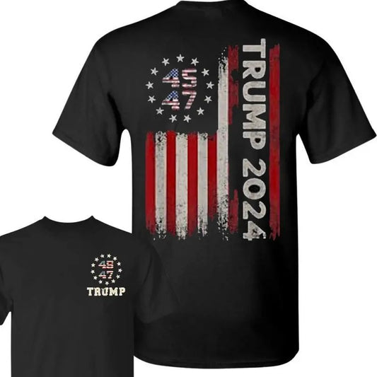 45 47 Trump 2024 Ameriican Flag T-Shirt, Trump Shirt, 45 47 Shirt, President Shirt, Republican Gift, 2 Sided Unisex Cotton Graphic Shirt