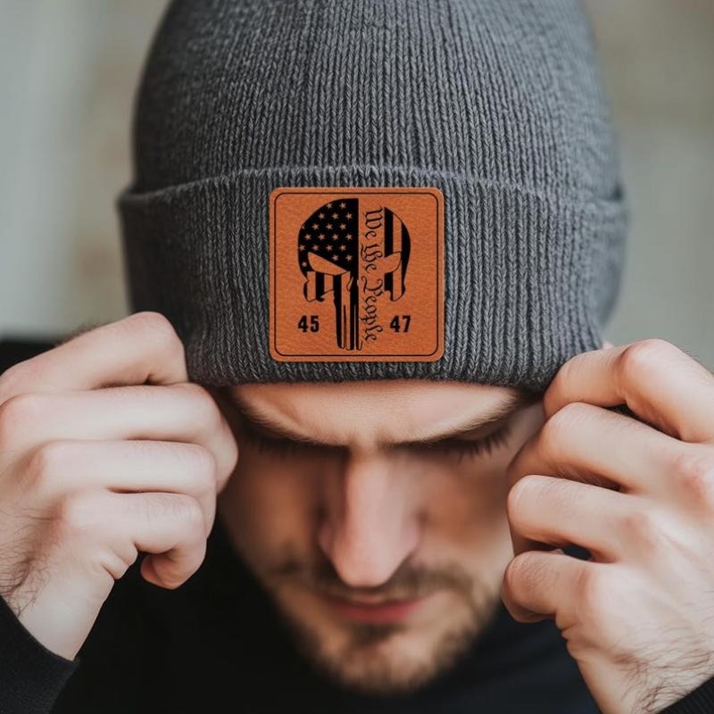 Engraved Trump 45/47 Beanie With Leather Patch, 2nd Amendment We The People Winter Hat, Gift for Trump Supporters,...