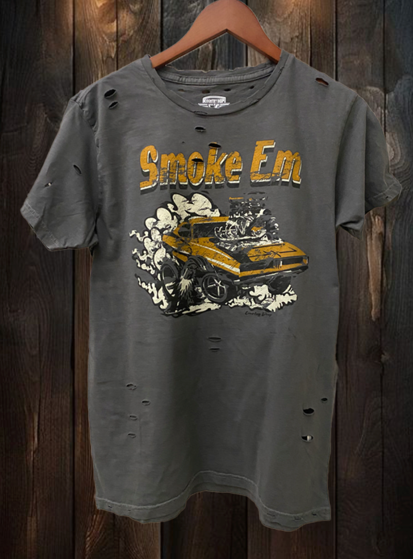 Smoke Em Muscle Car Distressed Faded Black T-Shirt