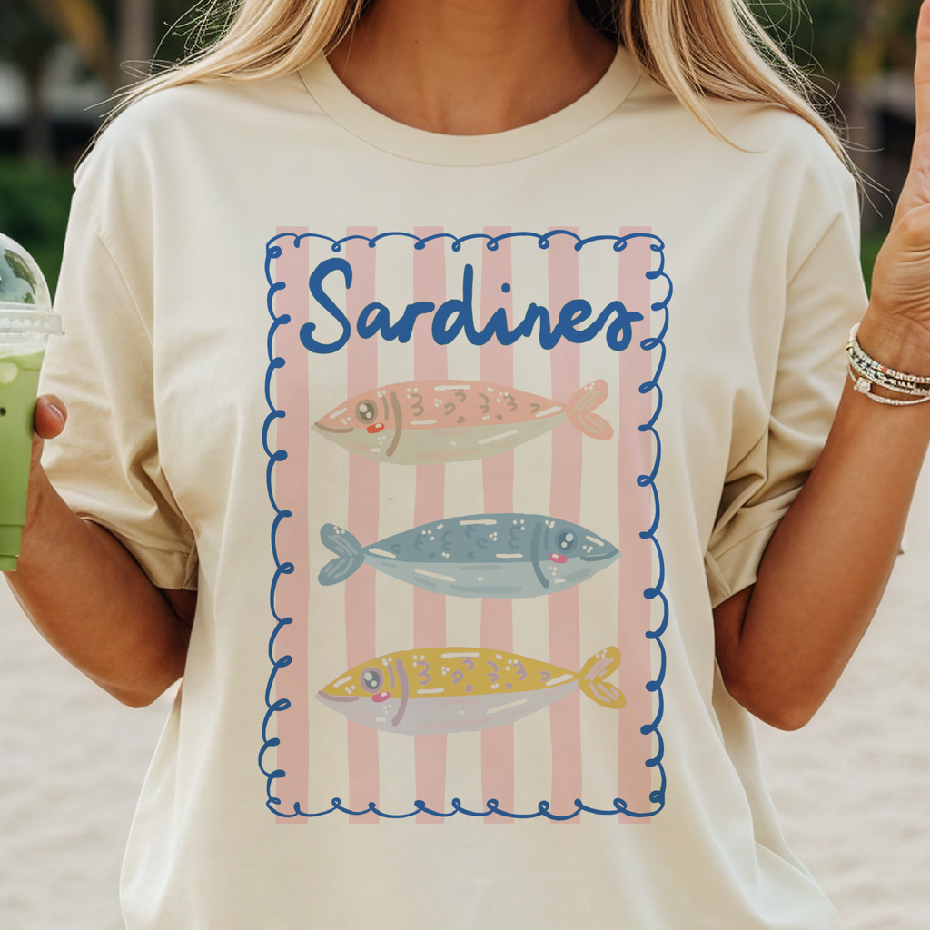 Preppy Sardines Fish Stripe Pink Blue Coastal Graphic Tee