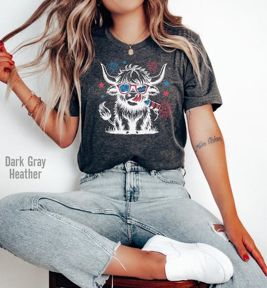 4th Of July T-Shirt, Fourth of July Highland Cow Shirt, America Shirt, Patriotic Shirt, Independence Day Tee Shirt, 4th July Cow Lovers Tee