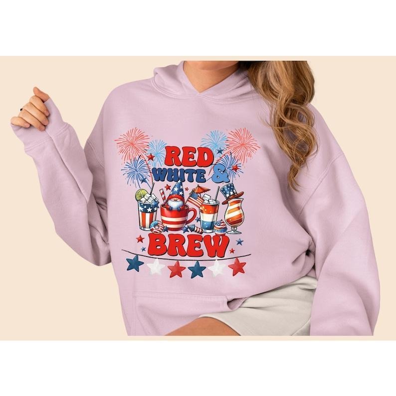4th of July Gnome Red White and Brew Pullover Hoodie for your Independence Day Celebrations Latte Stars and Fireworks USA Shirt Gift Apparel