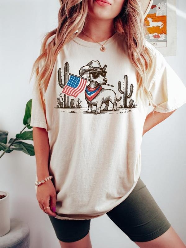 4th of July Patriotic Dachshund Shirt, Cowboy Dog USA Flag Western T-Shirt, Red White Blue Dog