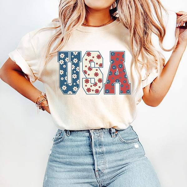 4th of July Shirt, USA Floral Flowers Tshirt, Independence day Women Tee & Sweatshirt Hoodie Cotton Crewneck | DripVista.com