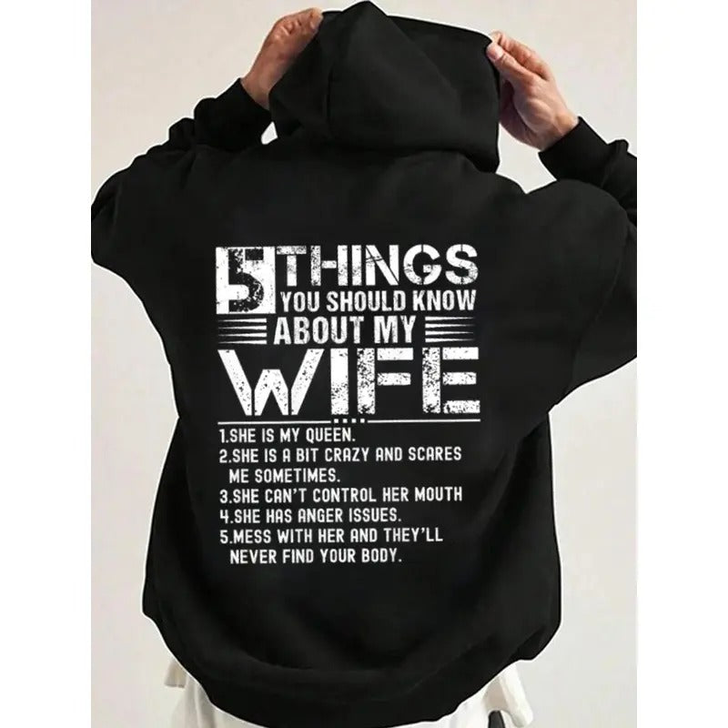 5 Things You Should Know About My Wife Funny Hoodie Casual Street Style Fleece Fabric Pullover Hooded Sweatshirt for Women for Men, Perfect Gift