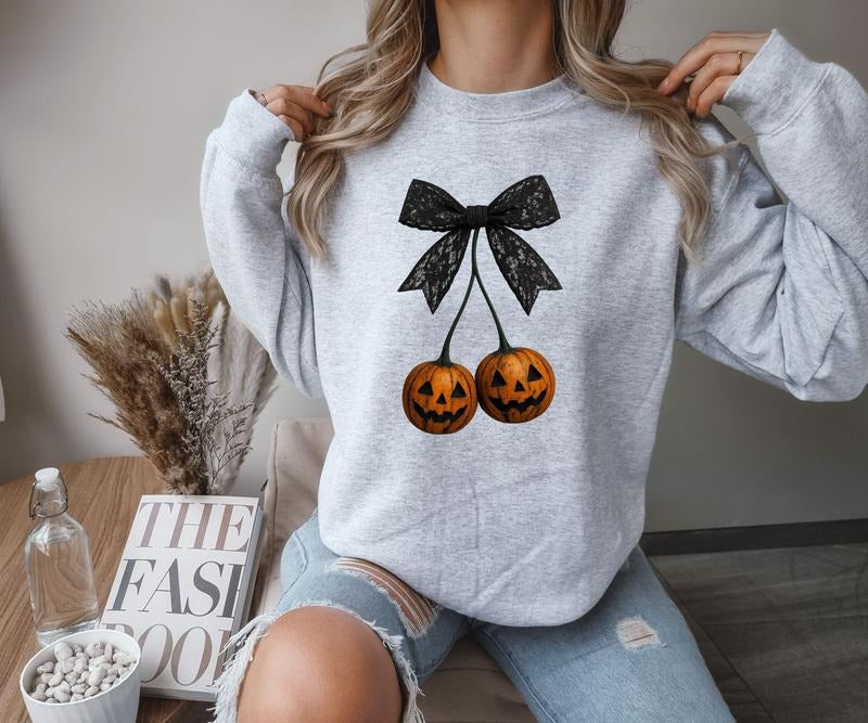 Gildan Gray Bow With Pumpkins Crewneck Sweatshirt for Women Loose Fit Casual Halloween Style 50/50 Cotton Polyester Blend Comfortable Wear