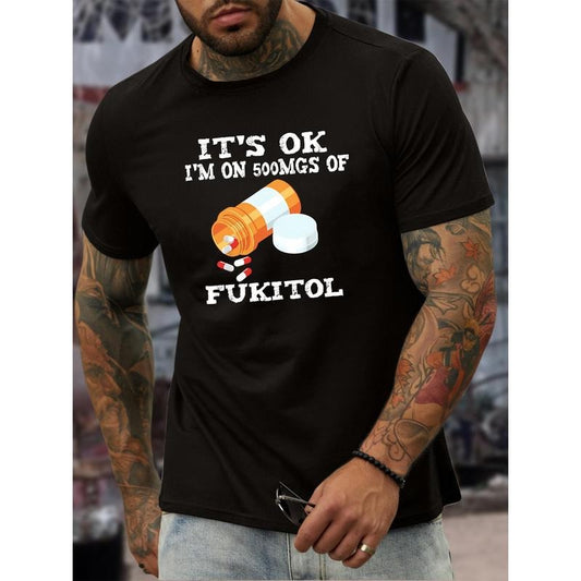 500MGS of FUKITOL Crew Neck Print T-Shirt - Soft Cotton, Slight Stretch, Versatile Summer Casual Wear for Men - Regular Fit, Short Sleeve, Patterned, Breathable, and Comfortable Made in USA