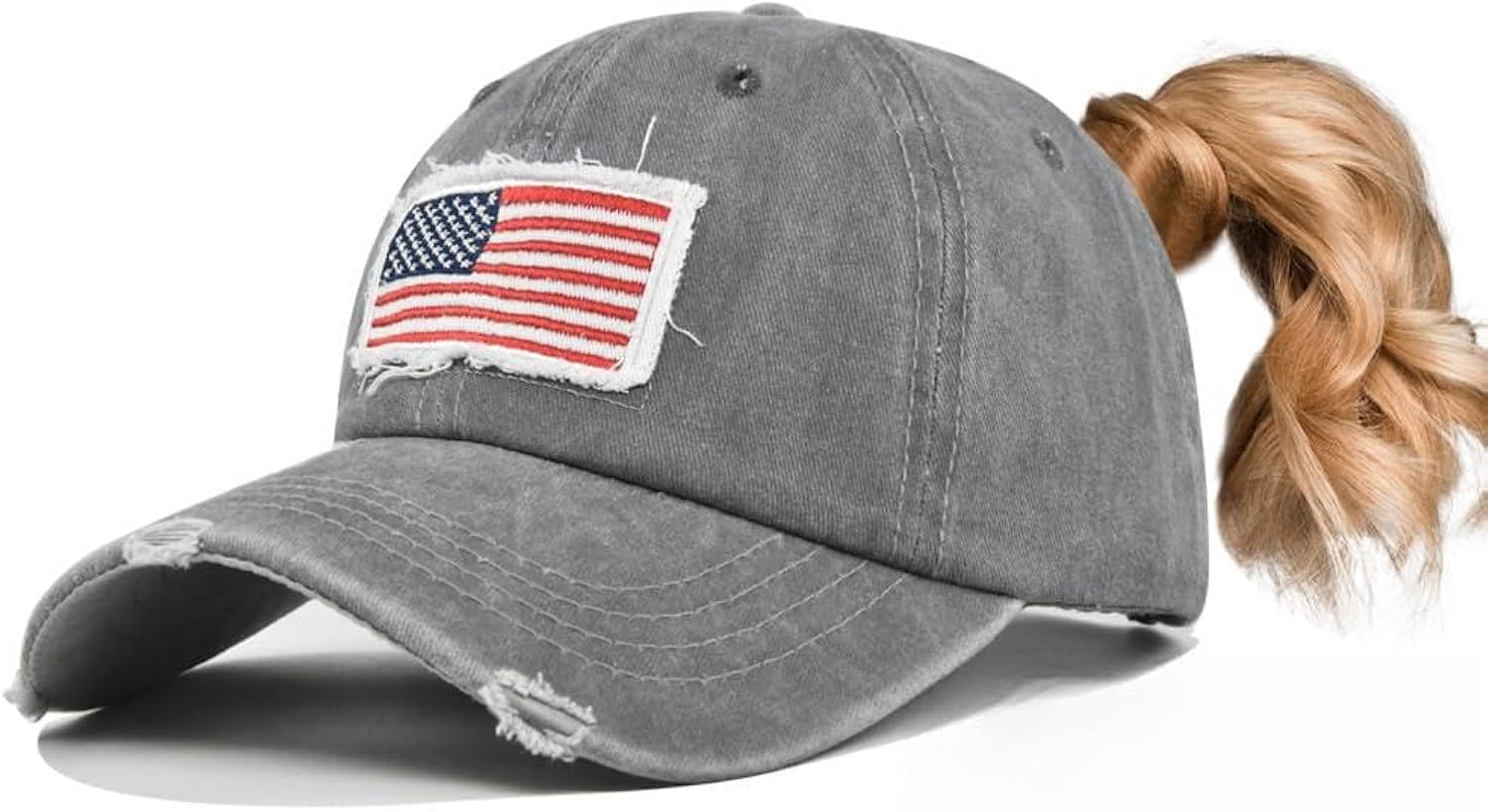 Vintage USA Flag Distressed Bun Baseball Cap for Women Men Washed Cotton Ponytail Dad Hat