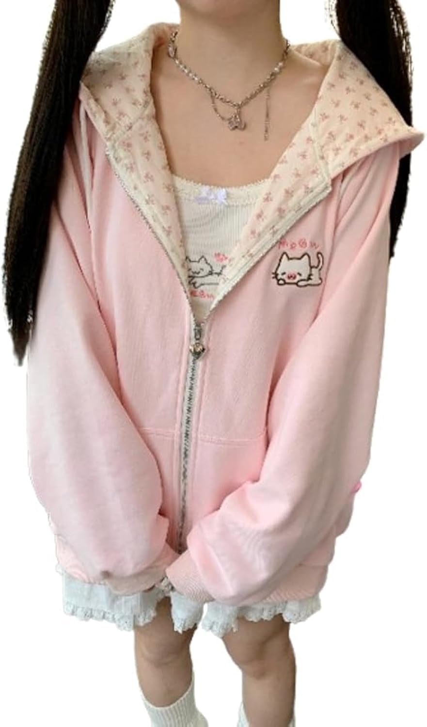 Women's Y2K Zip-Up Hoodie Oversized Streetwear Cat Ear Cute Cartoon Graphic Harajuku Kawaii Sweatshirt